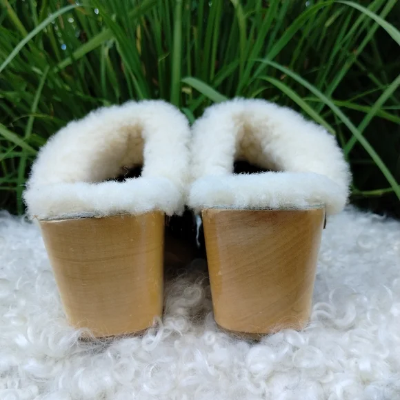 Ugg Kalie Genuine Black Leather Sheepskin Lined Wooden Clogs 7 - Picture 9 of 11